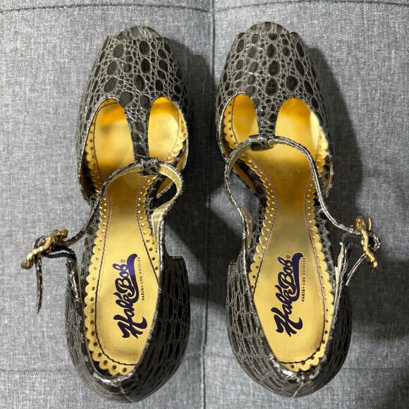 Hale Bob High Heel Shoe Women 7 Black Gray Alligator Leather Pump Peep Toe - Picture 8 of 9